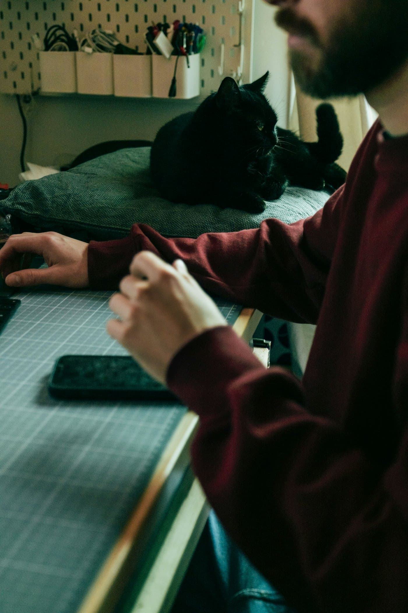 Zelfstandige aan een werktafel met laptop, met een kat op de achtergrond